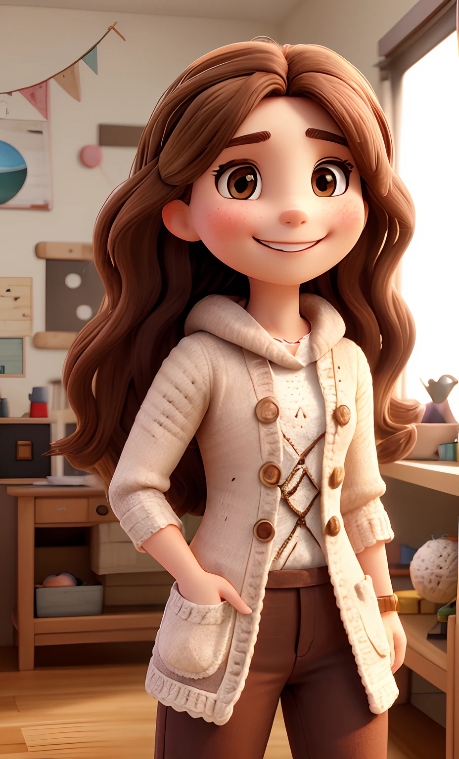 a 30-year-old woman with white skin, long brown hair and a captivating smile, brown eyes, round face, holding a crochet amigurumi, the setting is a studio with balls of thread and needles