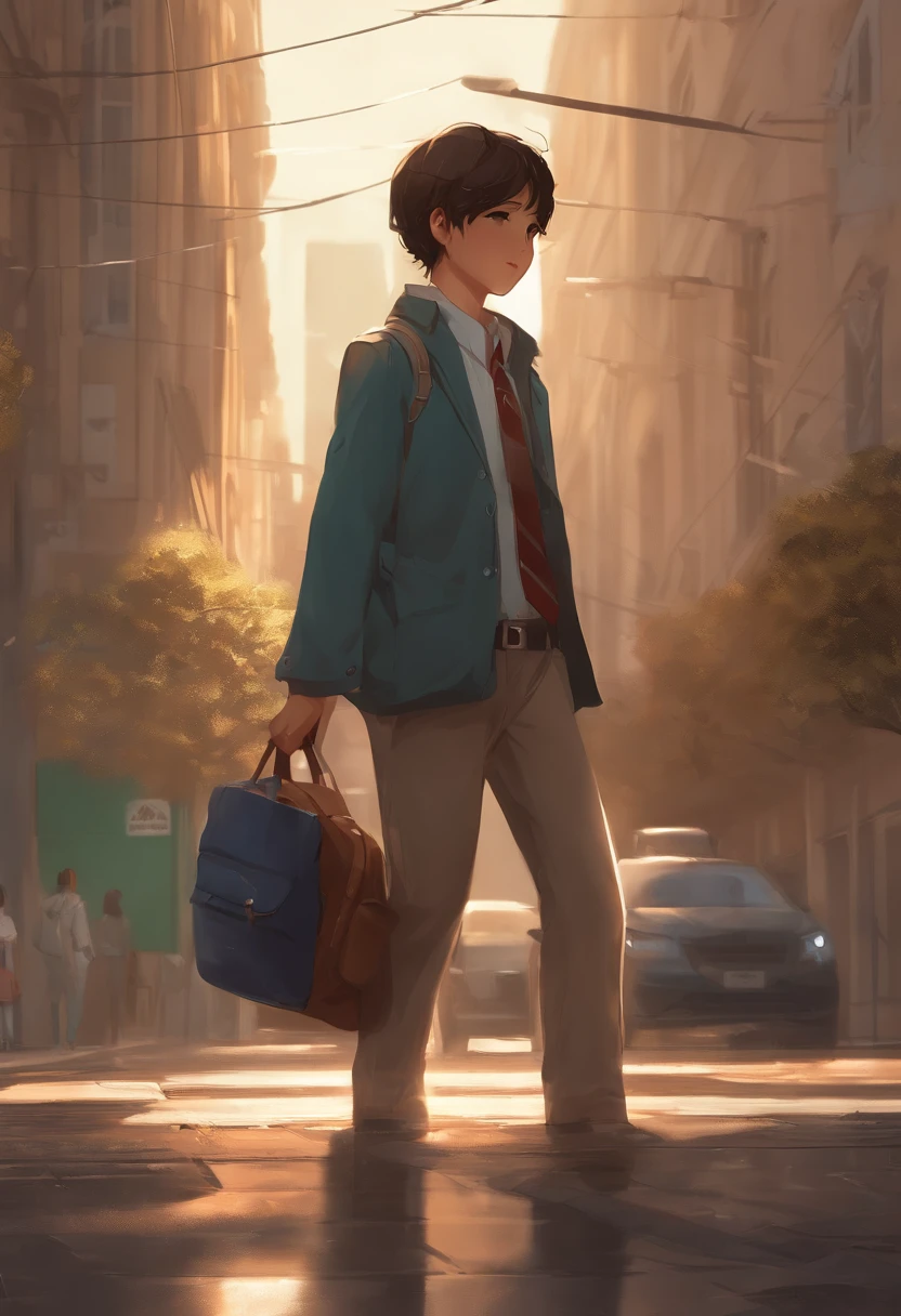 1st grade, suit jacket, chuva, ao ar livre, moletom, jaqueta aberta, cadeia, mochila, Olhando para outros, cabelo partido no meio, pele bronzeada, sexo do menino, Foco no menino, trending in artstation, 8K resolution, altamente detalhado, anatomicamente correto, sharped image, pintura digital, arte conceitual, Trend in Pixiv, Estilo Makoto Shinkai,