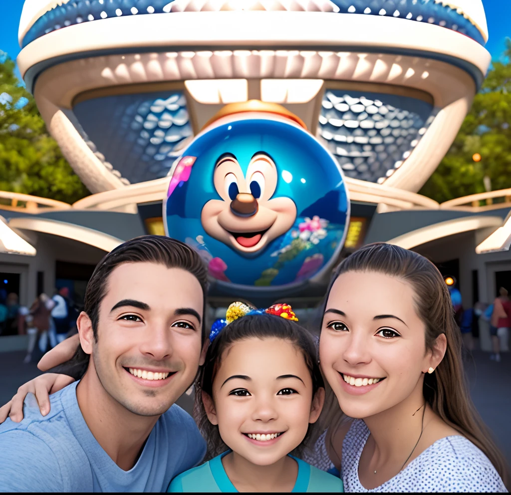 Quatro pessoas sorrindo para uma fotografia em frente a bola da Epcot, imagem de perfil, mundo Disney, Vacation family photo.