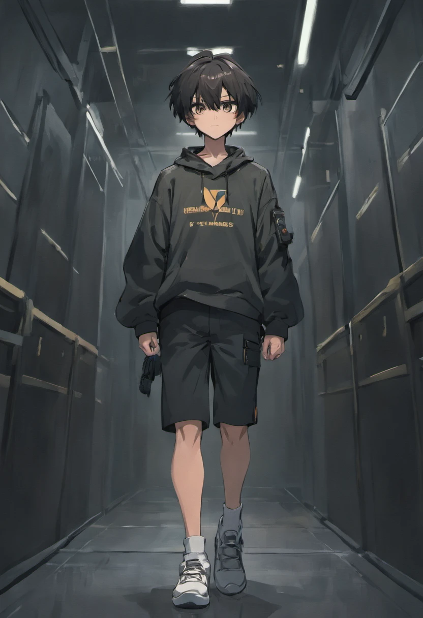 Black short military haircut, character references, black eyes, black big shirt, black baggy shorts, white shoes, male, Full body, Character design , reference sheet, front angle, side angle, rear angle, dynamic poses