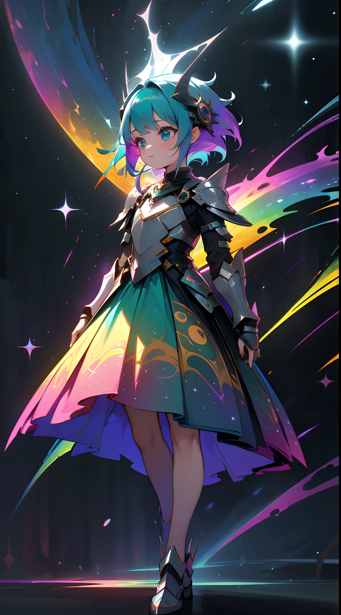 a with rainbow colored hair and teal dress armor, walking in the stars, rainbow colored cosmic nebula background, stars, galaxies