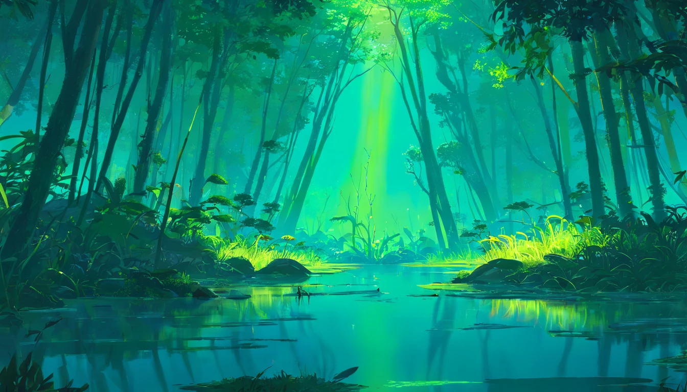 A creepy swamp, sci-fi horror, dramatic lighting, 4k, arte conceitual, altamente detalhado, Volumetric lighting, global ilumination, octan render, Estilo-SwampMagic, Eldritch, cosmico, energia escura