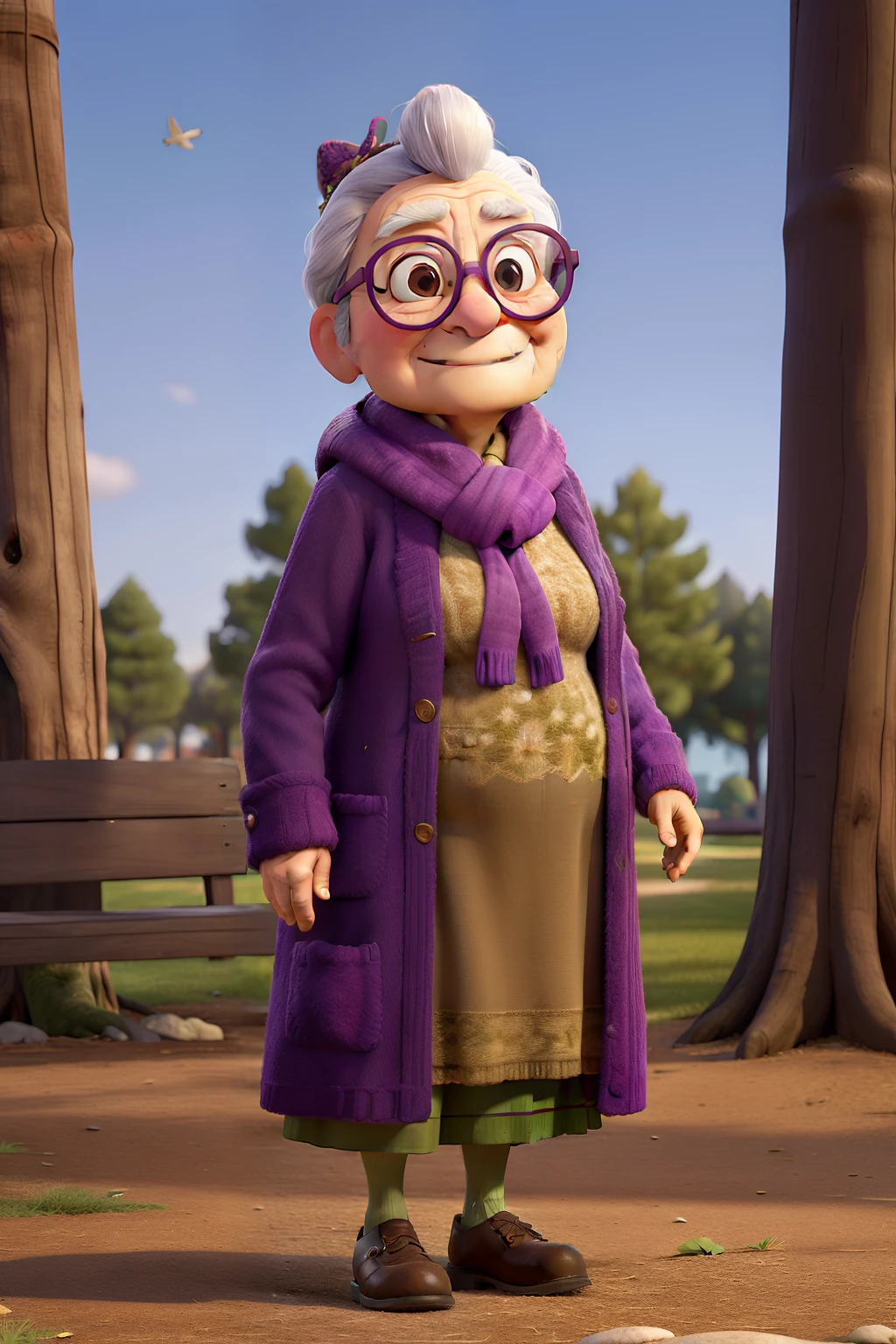 masterpiece, best quality, an old woman with glasses and a scarf on, wearing a purple coat and green scarf, standing at the park