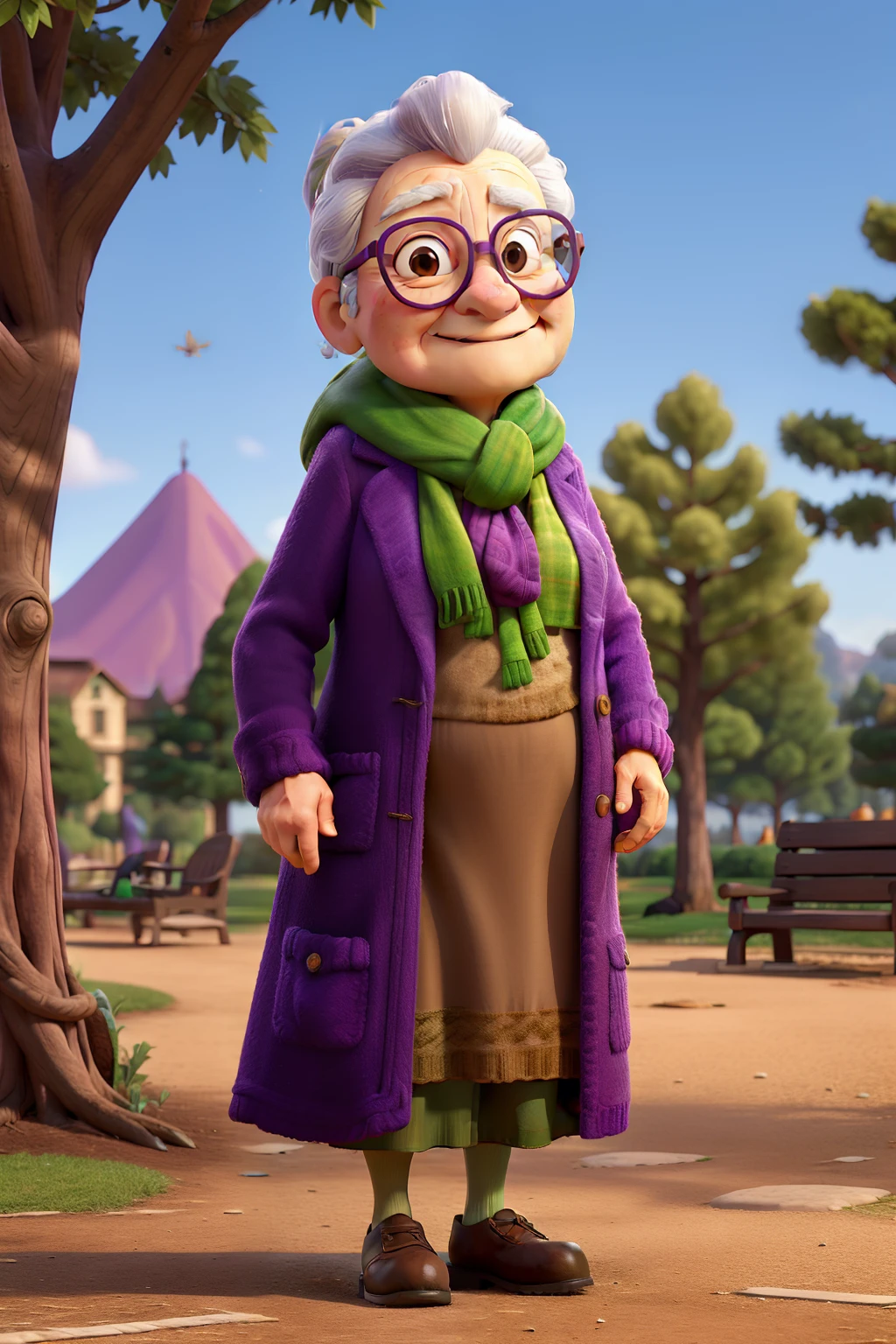 masterpiece, best quality, an old woman with glasses and a scarf on, wearing a purple coat and green scarf, standing at the park