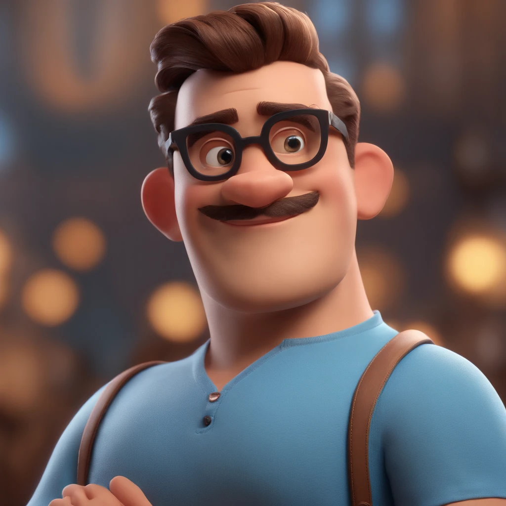 Cartoon character of a man with black glasses and a blue shirt, animation character, Caractere estilizado, animation style rendering, 3D estilizado, Arnold Maya render, 3 d render stylized, toon render keyshot, Personagem 3D, Personagem 3D, 3d rendering stylized, 3 d character render, personagem de desenho animado, Personagem de close up, Pose de personagem,  (Estilo Pixar) (master part:1.2) (Bokeh) (best quality) (pele detalhada) (textura detalhada) (8k) (argila) (Cinematic lighting) (foco nítido