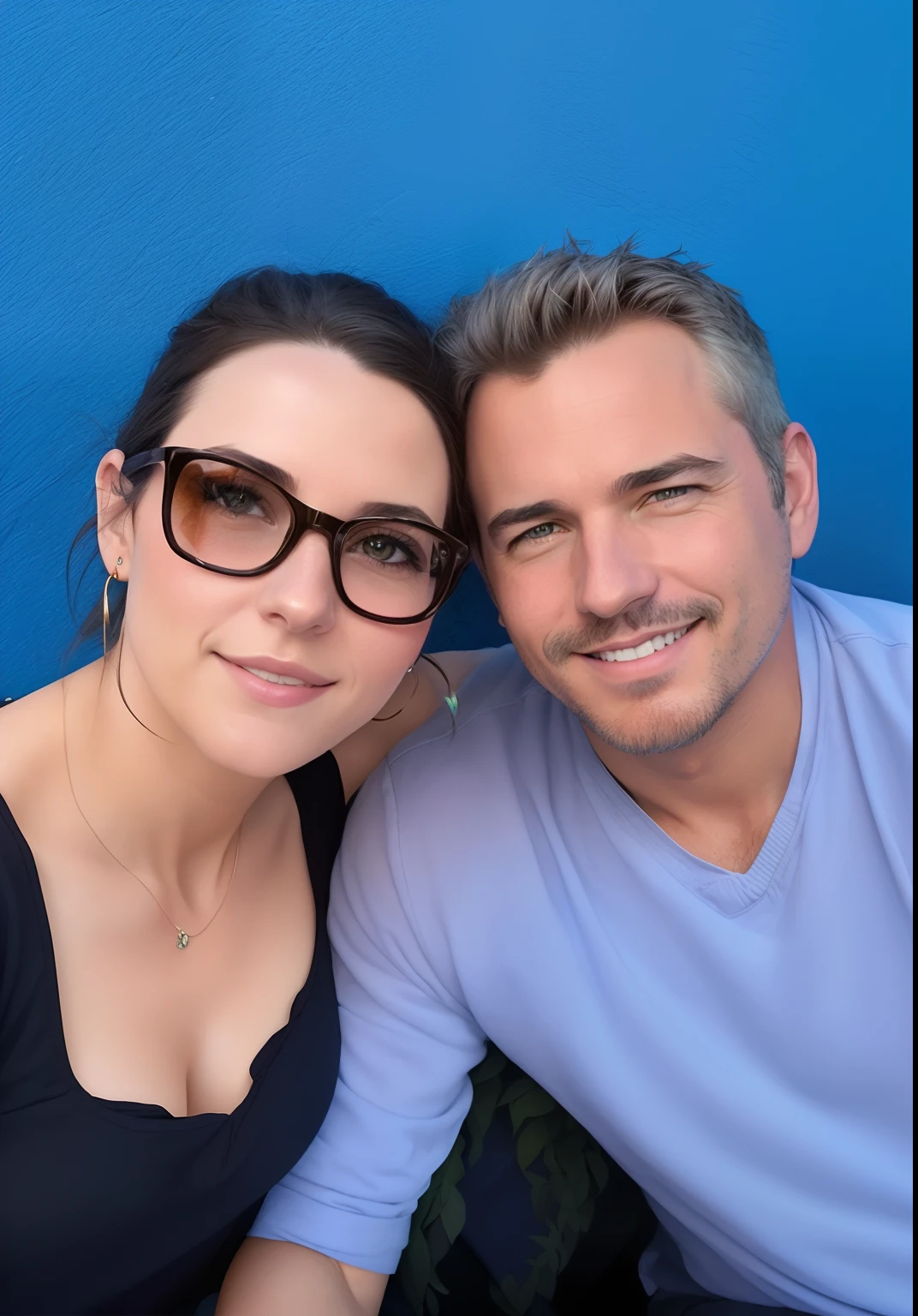 They're sitting together in front of a blue wall, imagem de perfil, Retrato de duas pessoas, retrato de casais, Millaise e Greg Rutkowski, retrato de casal, em um dia brilhante, Casal feliz, Thomas Anthony e Malika Favre, Artgerma e Greg Rutkowski, Foto de perfil, vacation photo, Directed by: Meredith Dillman