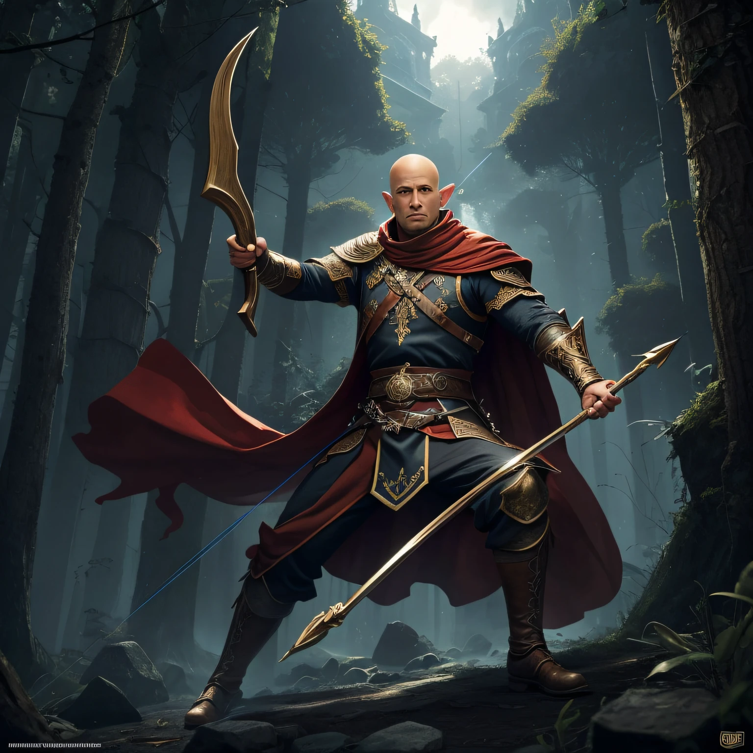 Detalhes altos, best quality, 8k, [ultra detalhado], master part, best quality, (extremamente detalhado), Dynamic angle, tiro ultra largo, .RAW, fotorrealista, arte de fantasia, arte dnd, Arte de RPG, arte realista, A wide-angle image of a male elf monk shooting an arrow with his bow, monge lutador, corpo inteiro, [[anatomicamente correto]]. dynamic position (1.5 detalhes intrincados, master part, best quality) mirando a flecha (1.6 detalhes intrincados, master part, best quality) in a graveyard (1.5 detalhes intrincados, master part, best quality), um macho vestindo manto marron (1.4 detalhes intrincados, master part, best quality), holy symbol, careca, olhos brilhantes intensos, Fantasy cemetery background (Detalhes intensos), lutando contra um esqueleto de mortos-vivos (1.4 detalhes intrincados, master part, best quality), Noite, luz da lua, Estrelas (1.4 detalhes intrincados, master part, best quality), Dynamic angle, (1.4 detalhes intrincados, master part, best quality) 3D rendering, Detalhes altos, best quality, Altas, Ultra Grande Angular