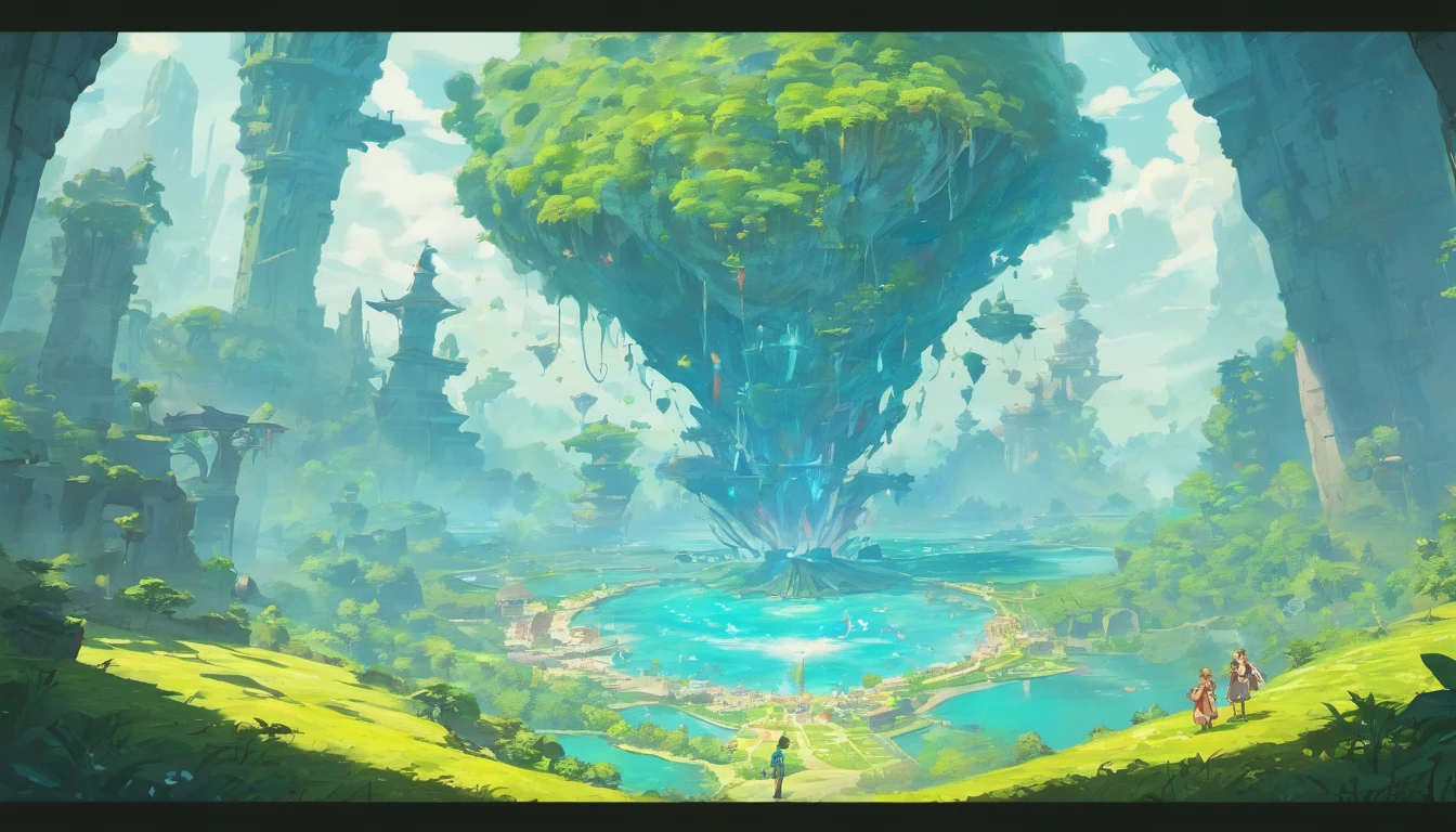 Flat Map, A group of flying islands, Numerous floating islands, halo, Carte du jeu, Hyrule, Ancient Fantasy Regional Map, Highly Detailed Map,Detailed map, Elevation map,Carte du monde、Isekai Carte、Carte du Royaume、Otherworldly Adventure K HD、meticulous、view from above, Spread out,Pixel Art, Magical Floating Islands, Castles & Towers, cascade dans les airs, Pandora from Avatar