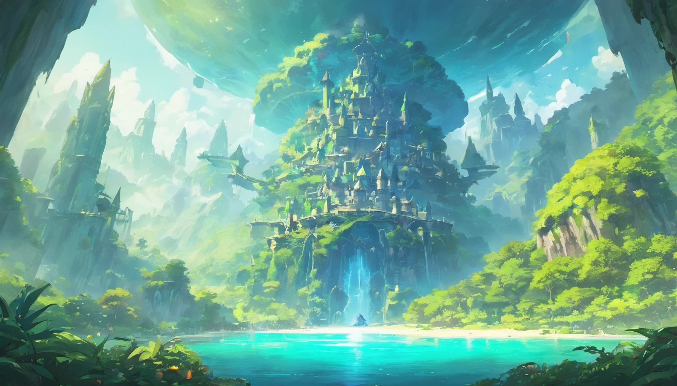 Flat Map, A group of flying islands, Numerous floating islands, halo, Carte du jeu, Hyrule, Ancient Fantasy Regional Map, Highly Detailed Map,Detailed map, Elevation map,Carte du monde、Isekai Carte、Carte du Royaume、Otherworldly Adventure K HD、meticulous、view from above, Spread out,Pixel Art, Magical Floating Islands, Castles & Towers, cascade dans les airs, Pandora from Avatar