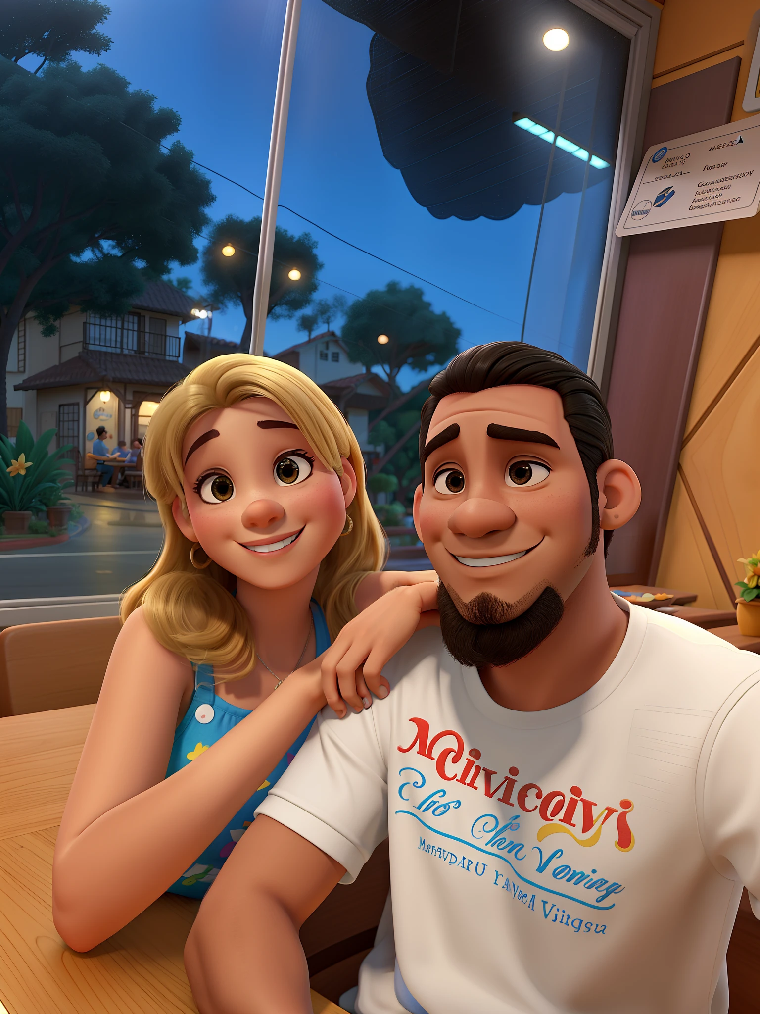 casal no estilo disney pixar, alta qualidade, melhor qualidade, sentados na mesa de restaurante, back window, pingos de chuva no vidro, mulher loira, homem negro,