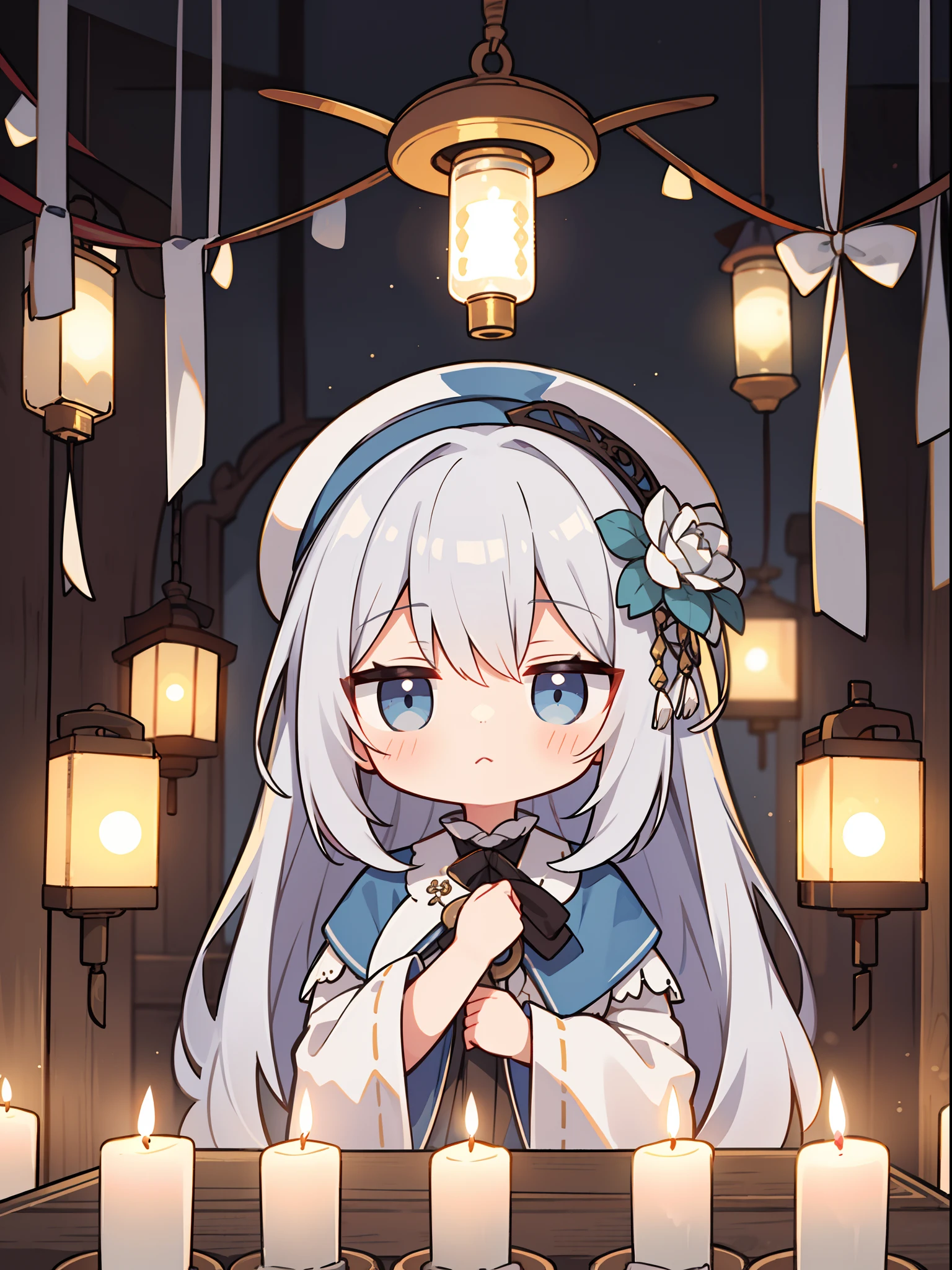 Chibi,silber hair、Light blue eyes、Antique Western-style building、darkened room、Candle lantern in hand、exploring、upper body