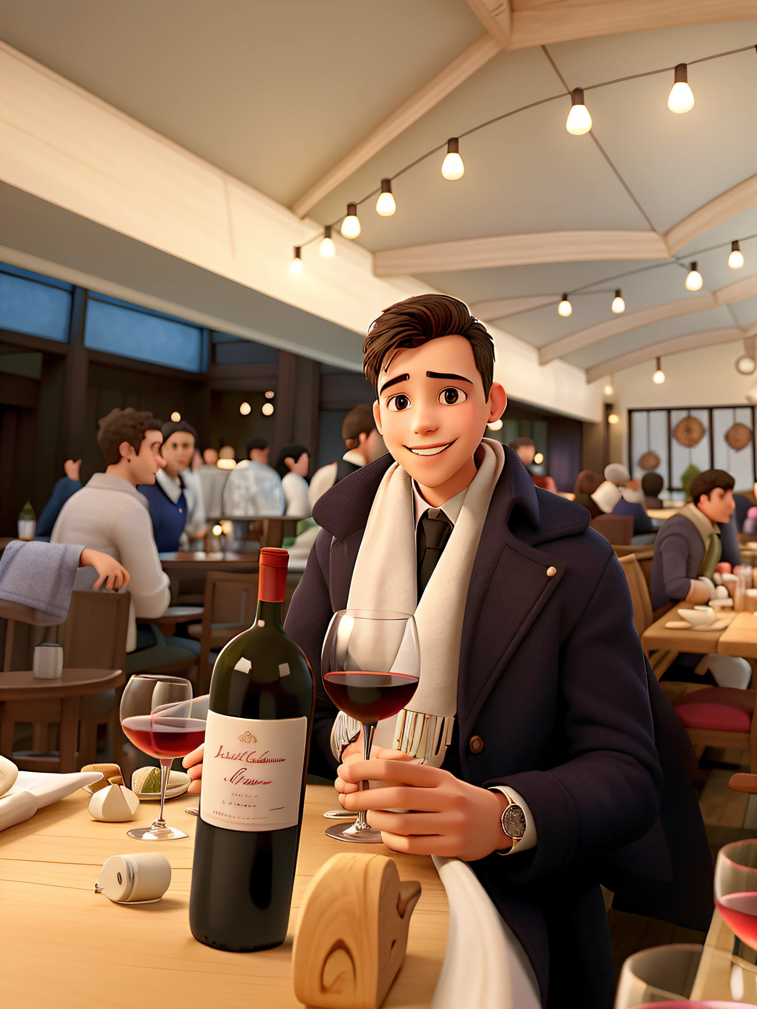 a happy young man in a charming and beautiful restaurant, wearing a white scarf and a dark coat, holding a glass of wine in his hand that is resting on the table. On the table a bottle of wine, a glass and cutlery. In the background there are people in the restaurant. The restaurant's ceiling is wooden with lights decorating the space.