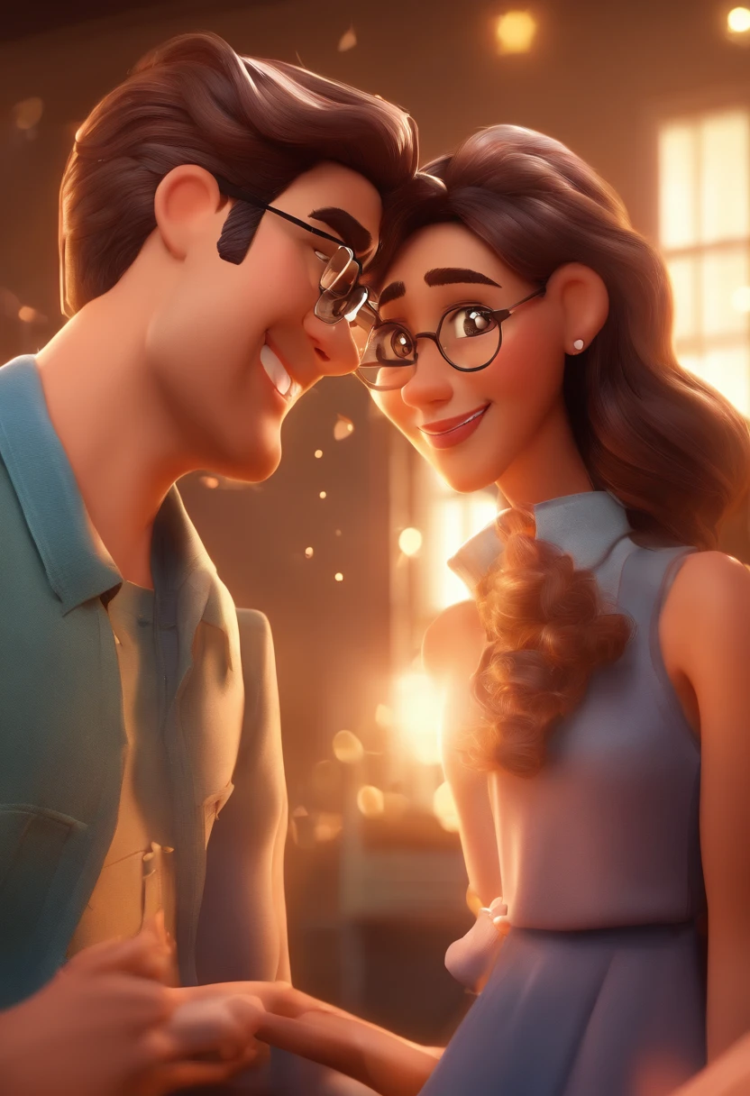 An illustration of an adorable couple, Highlight chubby bespectacled smiling and brunette woman with beautiful expressive eyes - man's skin is mulatto and man's hair has, while the woman's skin is black and the woman's hair is straight and brown. They are a bright room, cada um com um sorriso no rosto, e compartilhar um momento especial caracterizado pelo amor, Insights. Illustrate this scene from a perspective where they are facing the camera, Smiling and Showing Your Connection. Desenvolva esta arte em Full HD, Focus on your cinematic touch, Estilo Disney Pixar Animations
