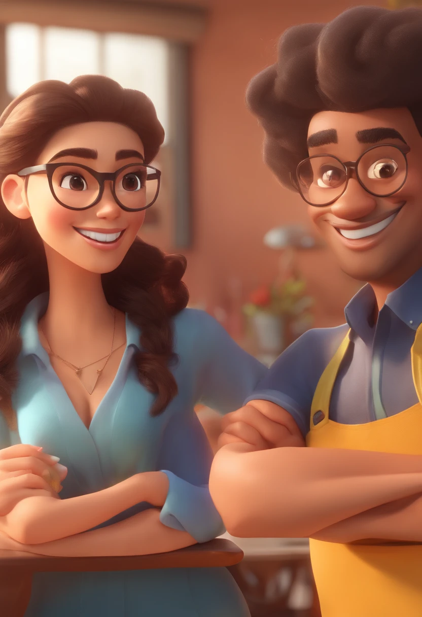 An illustration of an adorable couple, Highlight chubby bespectacled smiling and brunette woman with beautiful expressive eyes - man's skin is mulatto and man's hair has, while the woman's skin is black and the woman's hair is straight and brown. They are a bright room, cada um com um sorriso no rosto, e compartilhar um momento especial caracterizado pelo amor, Insights. Illustrate this scene from a perspective where they are facing the camera, Smiling and Showing Your Connection. Desenvolva esta arte em Full HD, Focus on your cinematic touch, Estilo Disney Pixar Animations