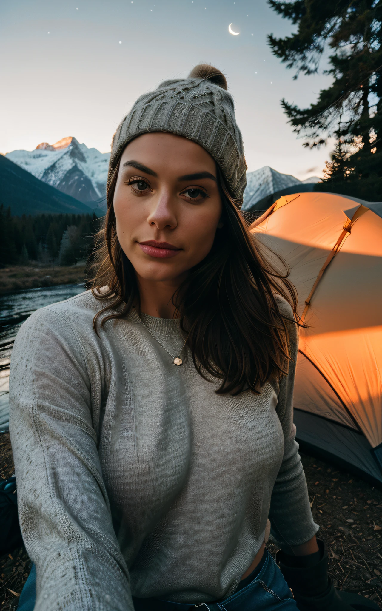 1 woman ((upper body selfie, happy)), masterpiece, best quality, ultra-detailed, solo, outdoors, (night), mountains, nature, (stars, moon) cheerful, happy, backpack, sleeping bag, camping stove, water bottle, mountain boots, gloves, sweater, hat, flashlight, forest, rocks, river, wood, smoke, shadows, contrast, clear sky, analog style (look at viewer:1.2) (skin texture) (film grain:1.3), (warm hue, warm tone:1.2), close up, cinematic light, sidelighting, ultra high res, best shadow, RAW, upper body, wearing pullover