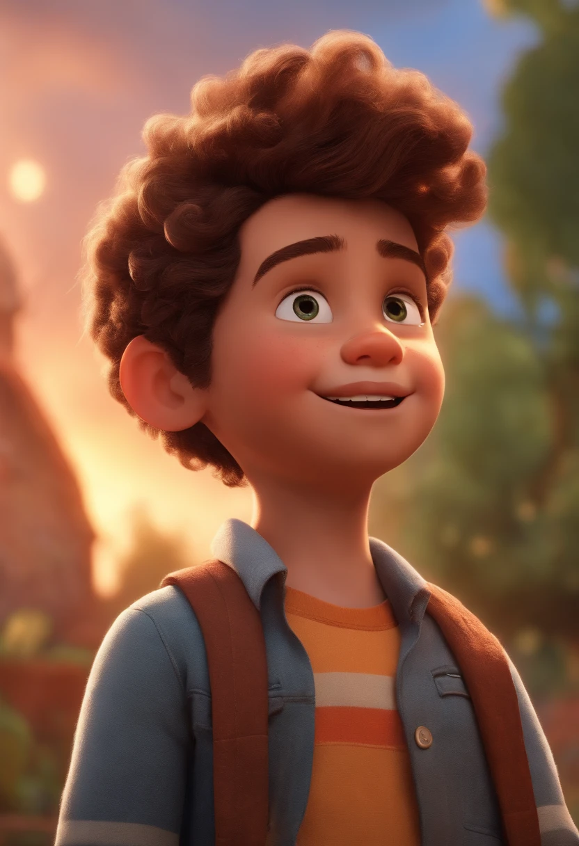 Image of a boy for a story in a YouTube video in Pixar format, He's the allabester, He's the class leader, He's outgoing, Playful and gets up for a lot of things, cabelo curto