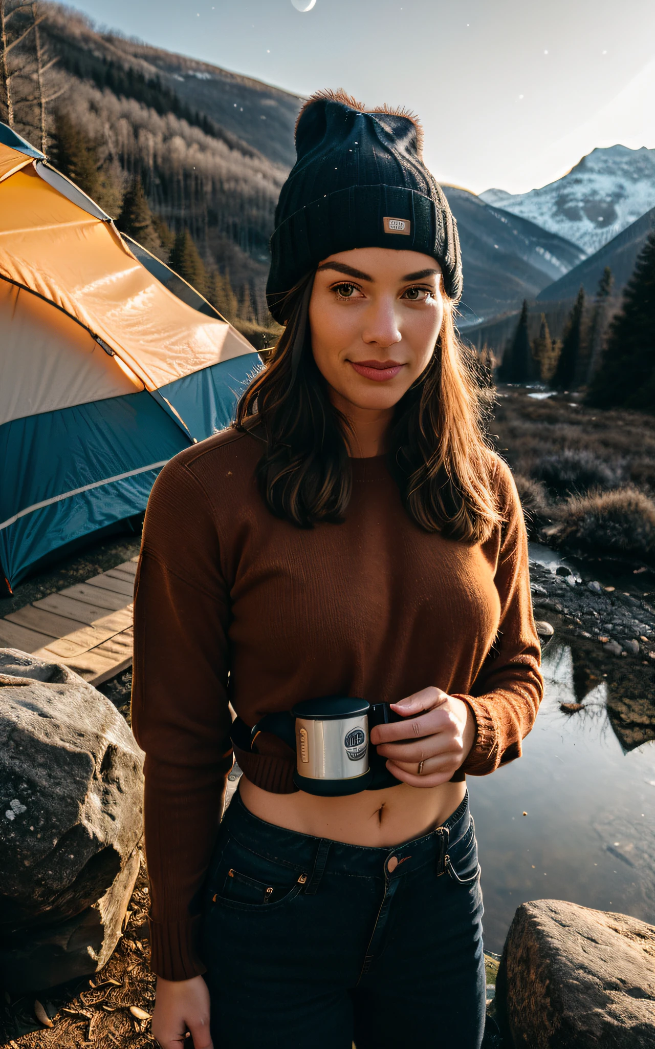 1 woman((upper body selfie, happy)), masterpiece, best quality, ultra-detailed, solo, outdoors, mountains, nature, cheerful, happy, backpack, sleeping bag, camping stove, water bottle, mountain boots, forest, rocks, river, wood, smoke, shadows, contrast, clear sky, analog style (look at viewer:1.2) (skin texture) (film grain:1.3), (warm hue, warm tone) :1.2), close up, cinematic light, sidelighting, ultra high res, best shadow, RAW, upper body,