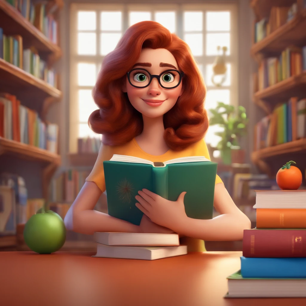 fundo branco, pixar desenhos animados 3D, mulher cabelo cacheado curto lendo um livro, ::estilo pixar cartoon