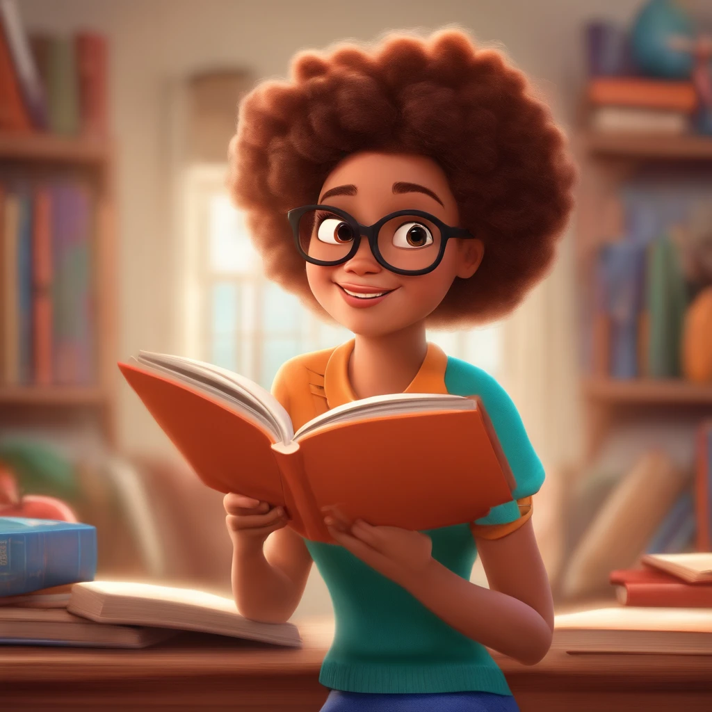 fundo branco, pixar desenhos animados 3D, mulher cabelo cacheado curto lendo um livro, ::estilo pixar cartoon