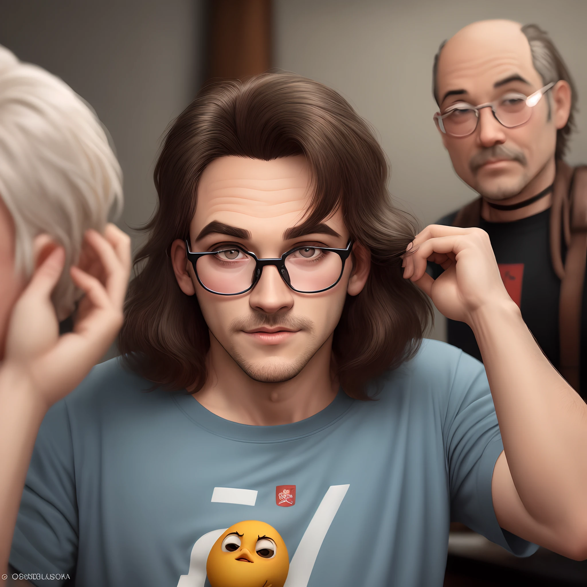Crie uma imagem com o estilo Pixar, retratando um homem de 40 anos de idade, cabelo curto, baixo e preto, alto, pele branca, olhos pretos, Wearing round ligne-colored glasses, nariz grosso, fine lips, rosto redondo e com barbeado por fazer, sobrancelha grossa, segurando um smartphone, usando camiseta preta com simbolo workshop pj e gola em v, no ambiente de trabalho