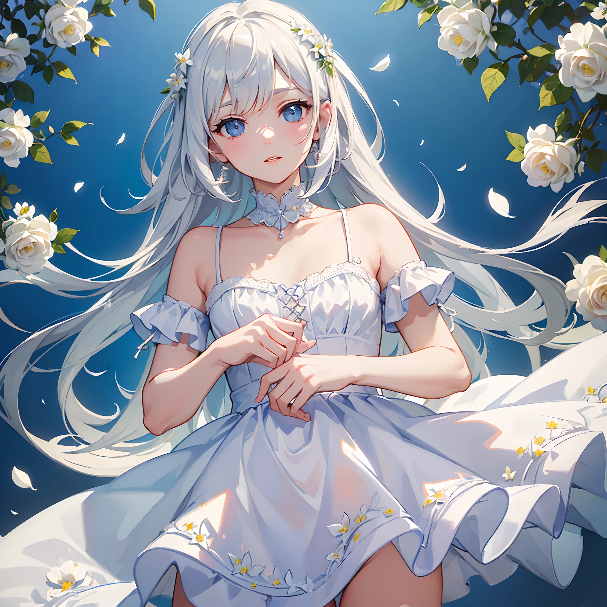 (masterpiece, best quality:1.6), white lace dress, cowboy shot, thighs, beautiful girl, (flowers, many small white petals:1.3), garden, blue sky, looking at viewer, small waist, official art, raw photo, incredibly absurdres, facelight, dynamic lighting, cinematic lighting, ultra realistic, highres, photography, sharp focus, highest detailed, extreme detailed, ultra detailed, finely detail, extremely detailed eyes and face