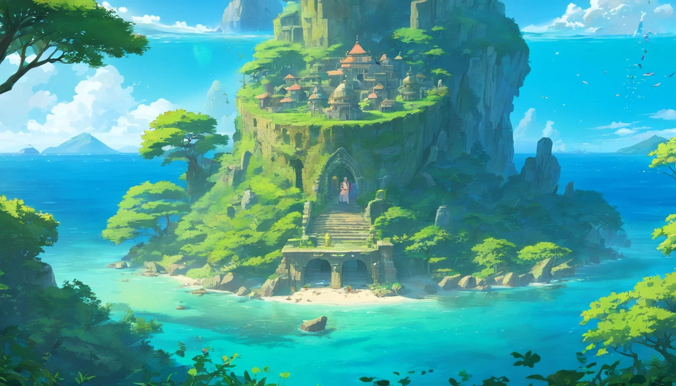 (best quality,4k,8k,highres,masterpiece:1.2),ultra-detailed,(realistic,photorealistic,photo-realistic:1.37),crumbling ruins,sunken ancient structures,uplifted island,worn-out buildings,tree stumps,decaying roots,dry coral,twisted branches,tilted soil,flooded areas,crystal clear water,ripples of the sea,breath-taking scenery,sunken treasures,overgrown vegetation,mystical atmosphere,sun-kissed island,majestic view,serene tranquility,surrounded by the sea,natural wonders,untouched landscape,remote location,ancient mysteries,hidden secrets,melancholic beauty,history frozen in time,dramatic lighting,submerged history,enchanted island,ghostly remnants,whispers of the past,echoes of lost civilizations,mysterious artifacts