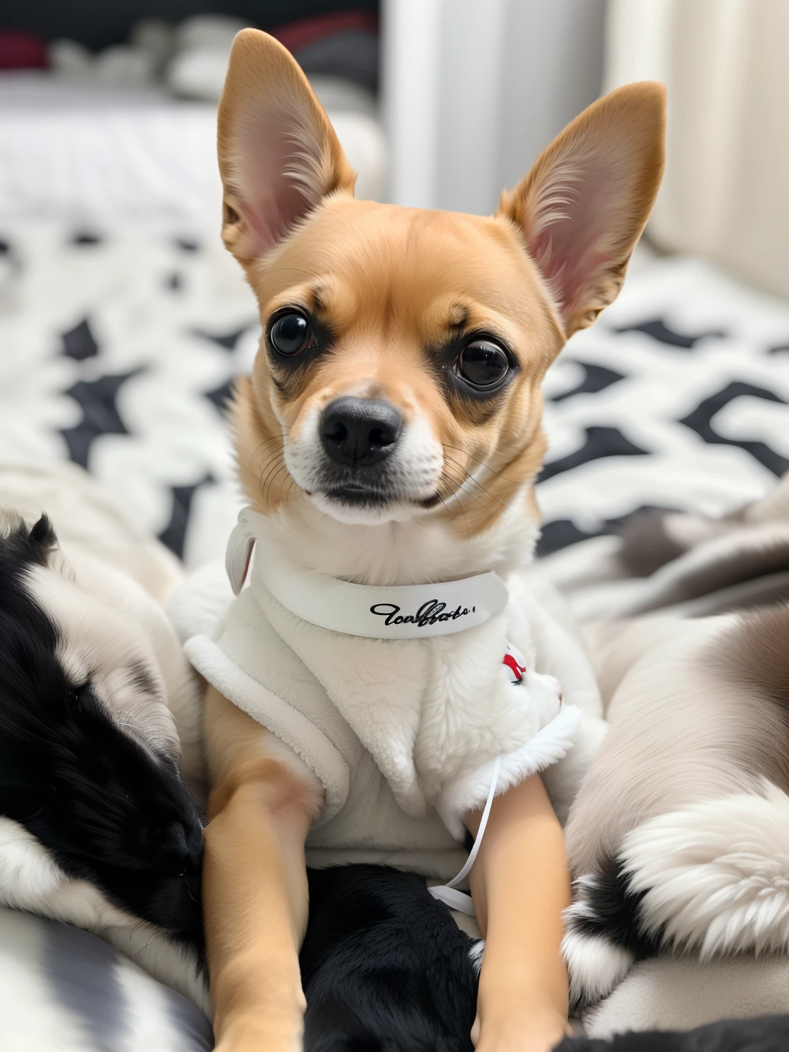 Cachorro de araffe sentado em um cobertor em uma cama com um cobertor preto e branco, Chihuahua, sentada em sua cama, peludo bonito precisa de sua ajuda, Chihuahua de cabelos longos, sentado na cama, looking defiantly at the camera, foto de retrato, sentado em uma cama, bonito, foto de retrato detalhada, pimenta, breed russian brown toy terrier, Regal Pose, small dog