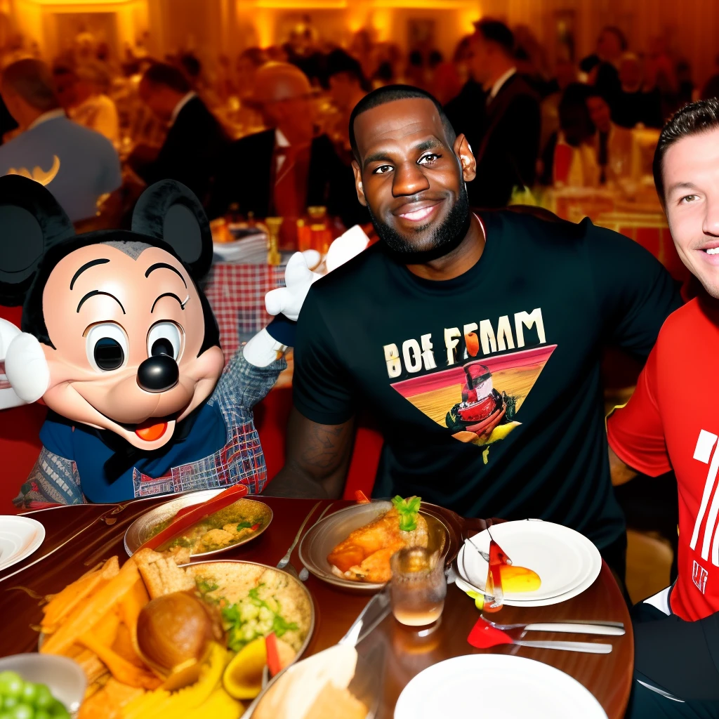 Lebron James having dinner with mickey mouse after winning the championship