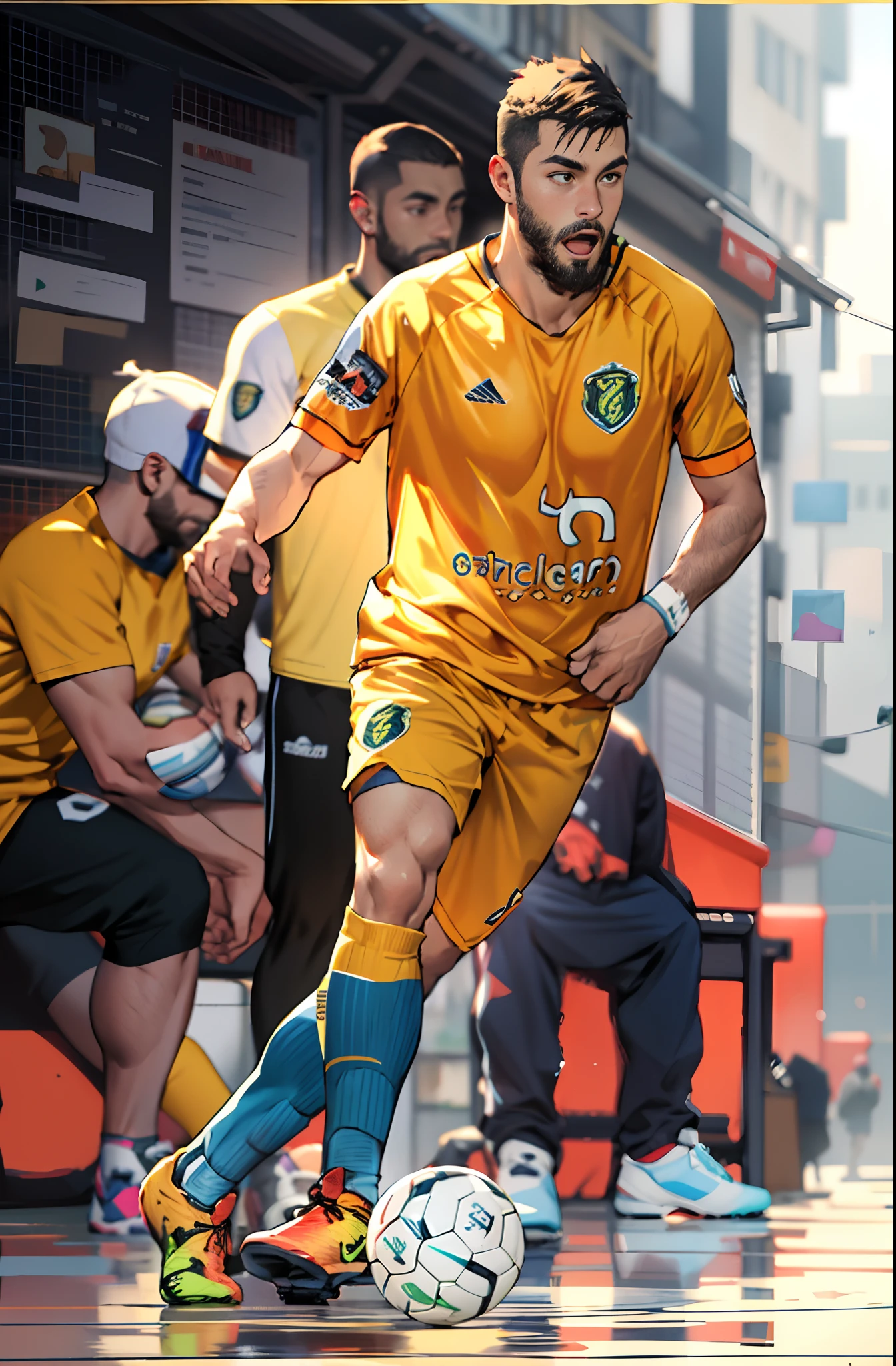 best quality, masterpiece, super high resolution, detailed background, realism, Illustrations, single, 1 boy, soccer field, muscles, volumetric lighting, depth of field, full body, facial hair, soccer player, yellow clothes