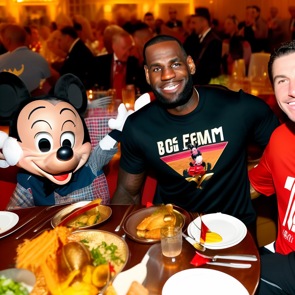Lebron James having dinner with mickey mouse after winning the championship