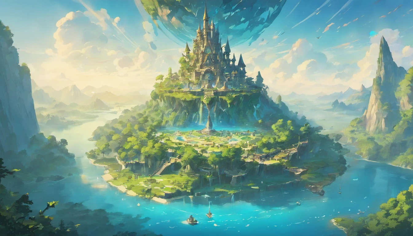 Flat Map, A group of flying islands, Numerous floating islands, halo, Carte du jeu, Hyrule, Ancient Fantasy Regional Map, Highly Detailed Map,Detailed map, Elevation map,Carte du monde、Isekai Carte、Carte du Royaume、Otherworldly Adventure K HD、meticulous、view from above, Spread out,Pixel Art, Magical Floating Islands, Castles & Towers, cascade dans les airs, Pandora from Avatar