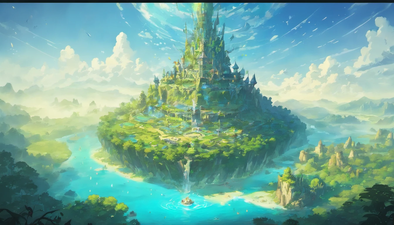 Flat Map, A group of flying islands, Numerous floating islands, halo, Carte du jeu, Hyrule, Ancient Fantasy Regional Map, Highly Detailed Map,Detailed map, Elevation map,Carte du monde、Isekai Carte、Carte du Royaume、Otherworldly Adventure K HD、meticulous、view from above, Spread out,Pixel Art, Magical Floating Islands, Castles & Towers, cascade dans les airs, Pandora from Avatar