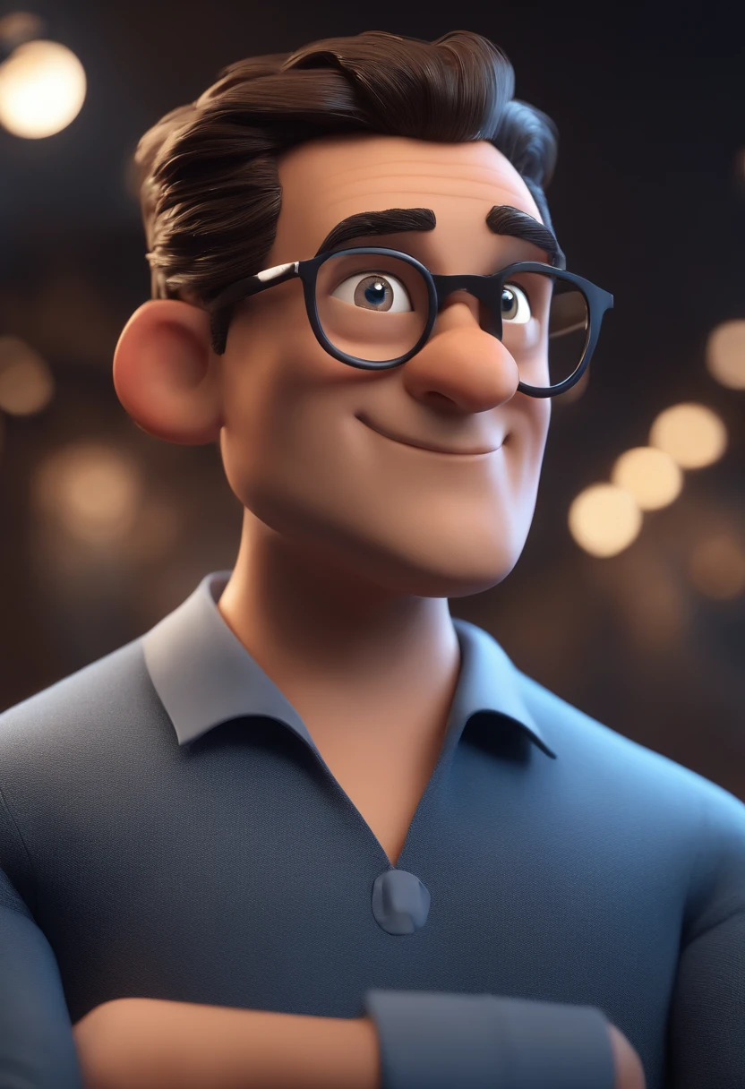 Cartoon character of a man with black glasses and a blue shirt, animation character, Caractere estilizado, animation style rendering, 3D estilizado, Arnold Maya render, 3 d render stylized, toon render keyshot, Personagem 3D, Personagem 3D, 3d rendering stylized, 3 d character render, personagem de desenho animado, Personagem de close up, Pose de personagem,  (Estilo Pixar) (master part:1.2) (Bokeh) (best quality) (pele detalhada) (textura detalhada) (8k) (argila) (Cinematic lighting) (foco nítido