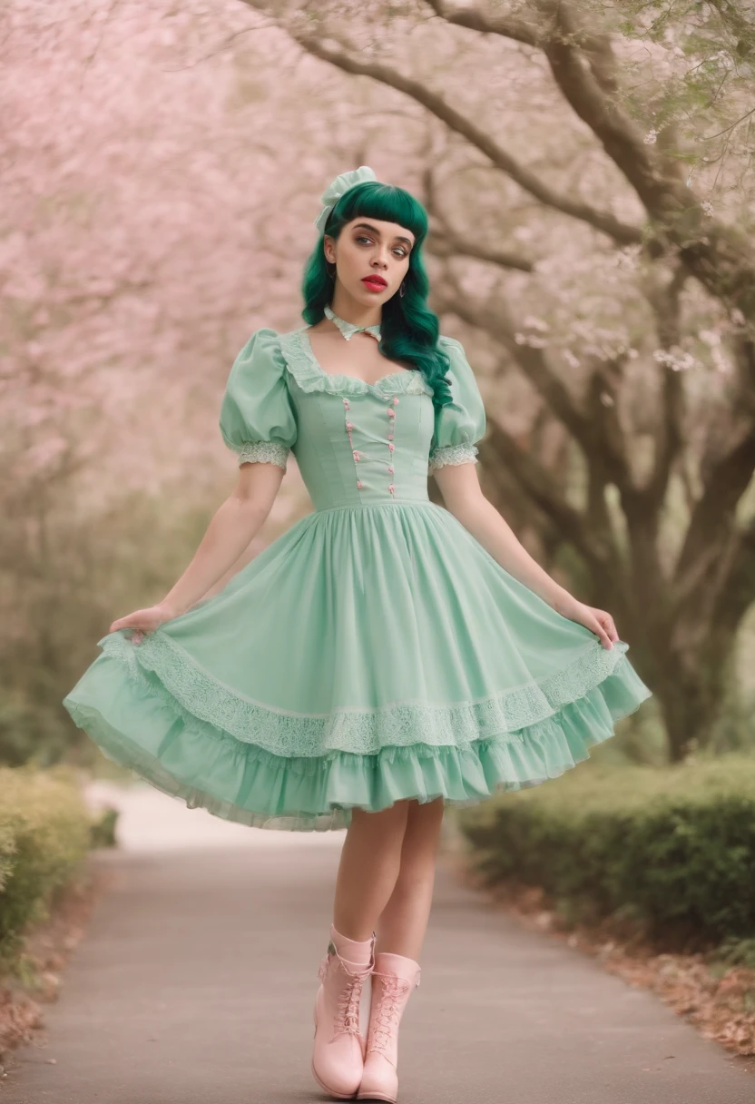 Photo of Melanie Martinez In a Green ta dress with Light pink Boots