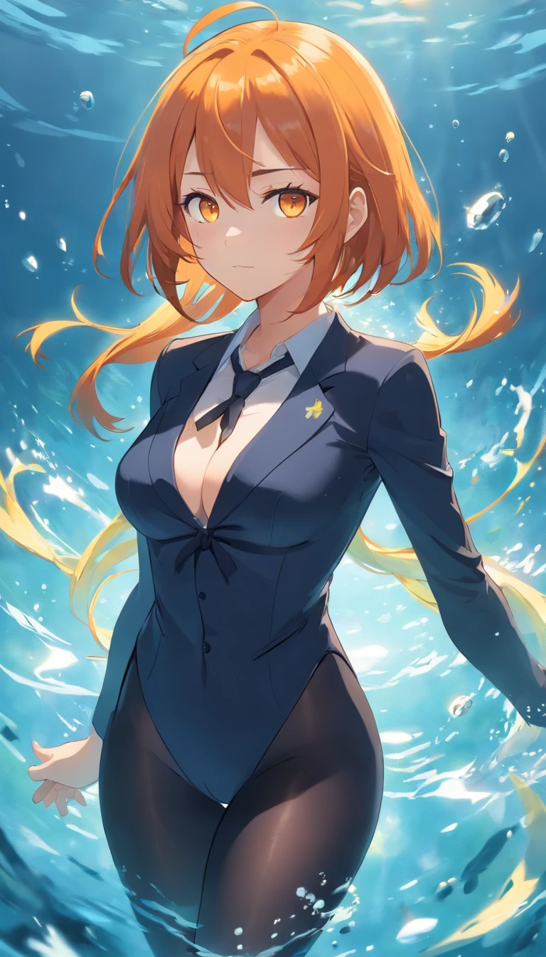 1 female、Orange hair、Colossal tits、Big ass、Black Tights Suit、yellow eyes、Large, thick thighs、a short bob、wide hips、under the water
