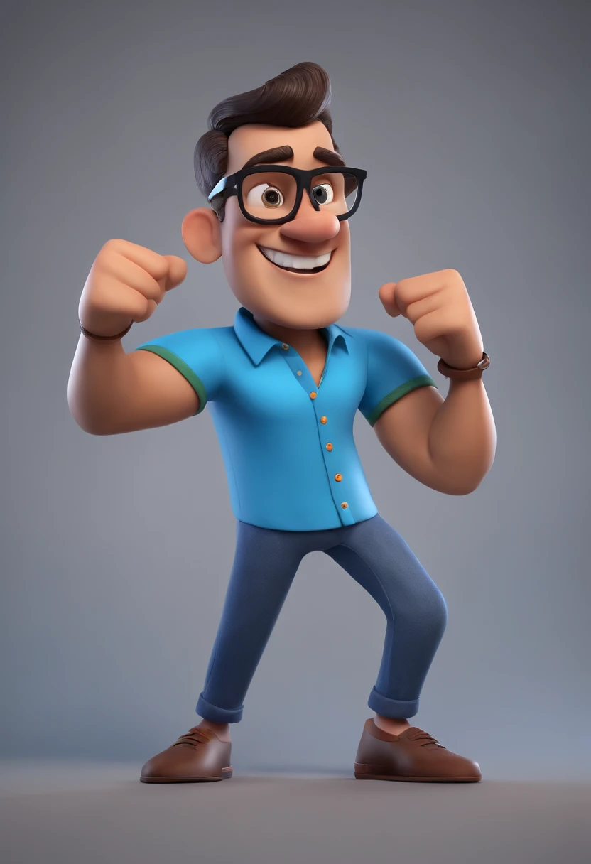 Cartoon character of a man wearing black glasses and a blue shirt, um personagem animado, Caractere estilizado, animation style rendering, 3D estilizado, Arnold Maya render, 3 d render stylized, toon render keyshot, Personagem 3D, Personagem 3D, 3d rendering stylized, 3 d character render, personagem de desenho animado, Personagem de close up, Pose de personagem, (Estilo Pixar) (master part:1.2) (Bokeh) (best quality) (pele detalhada) (textura detalhada) (8k) (argila) (Cinematic lighting) (foco nítido