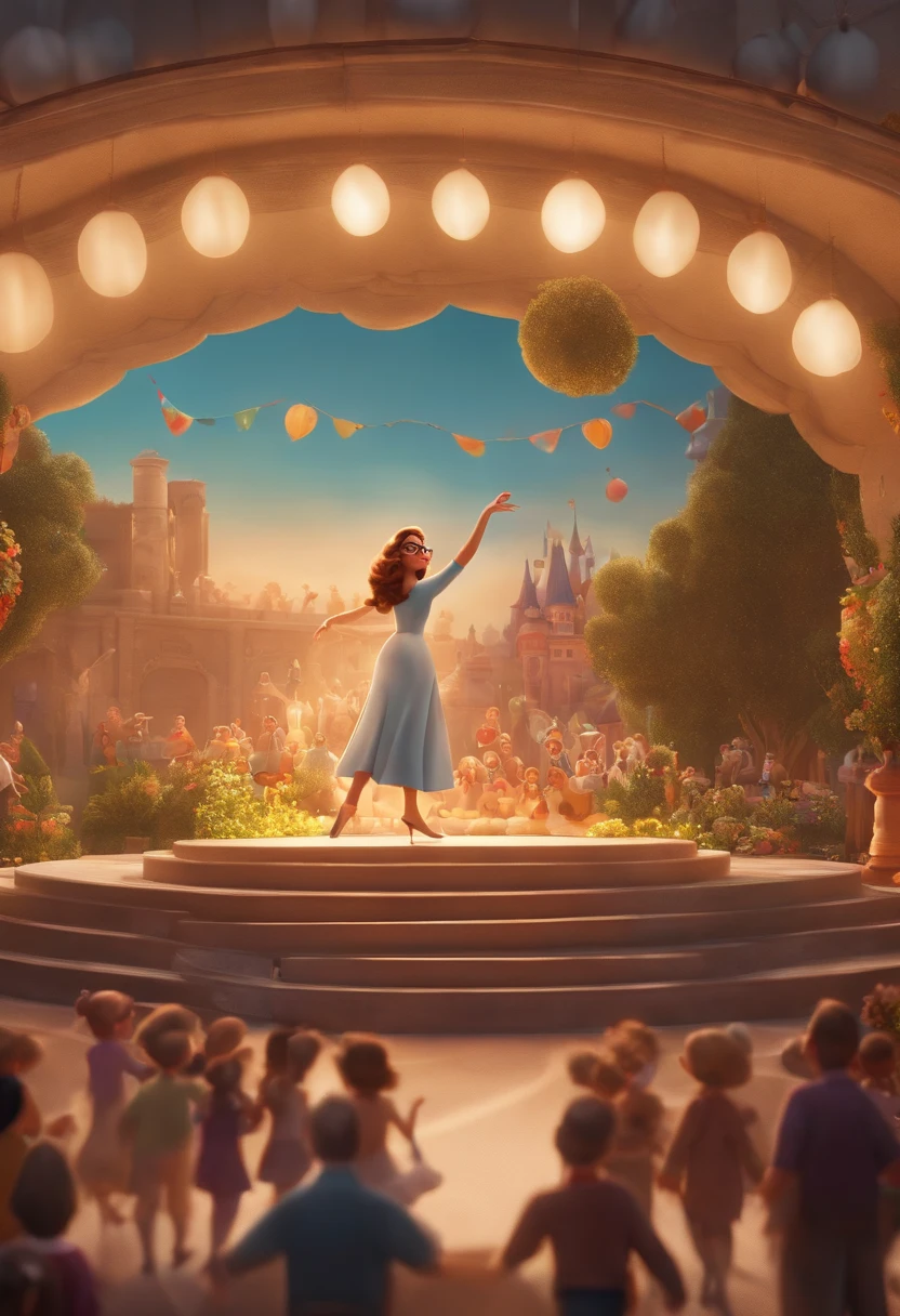 "(best quality,ultra-detalhado,Realistic:1.37),3D rendering,illustration,design de personagens,cabelos curtos e cacheados escuros,belos olhos detalhados,wearing white glasses,Estilo Pixar,morena mulher,Dancing on the Disney stage,atmosfera animada,vivid colors,luzes de palco,expression joyful"