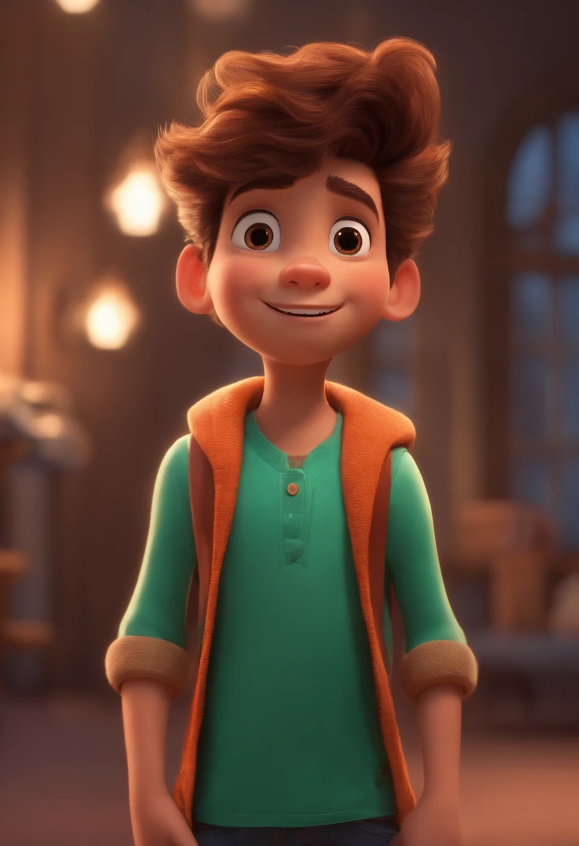 Image of a boy for a story in a YouTube video in Pixar format, He's the little allabester, He's the class leader, He's outgoing, Playful and gets up for a lot of things, cabelo curto