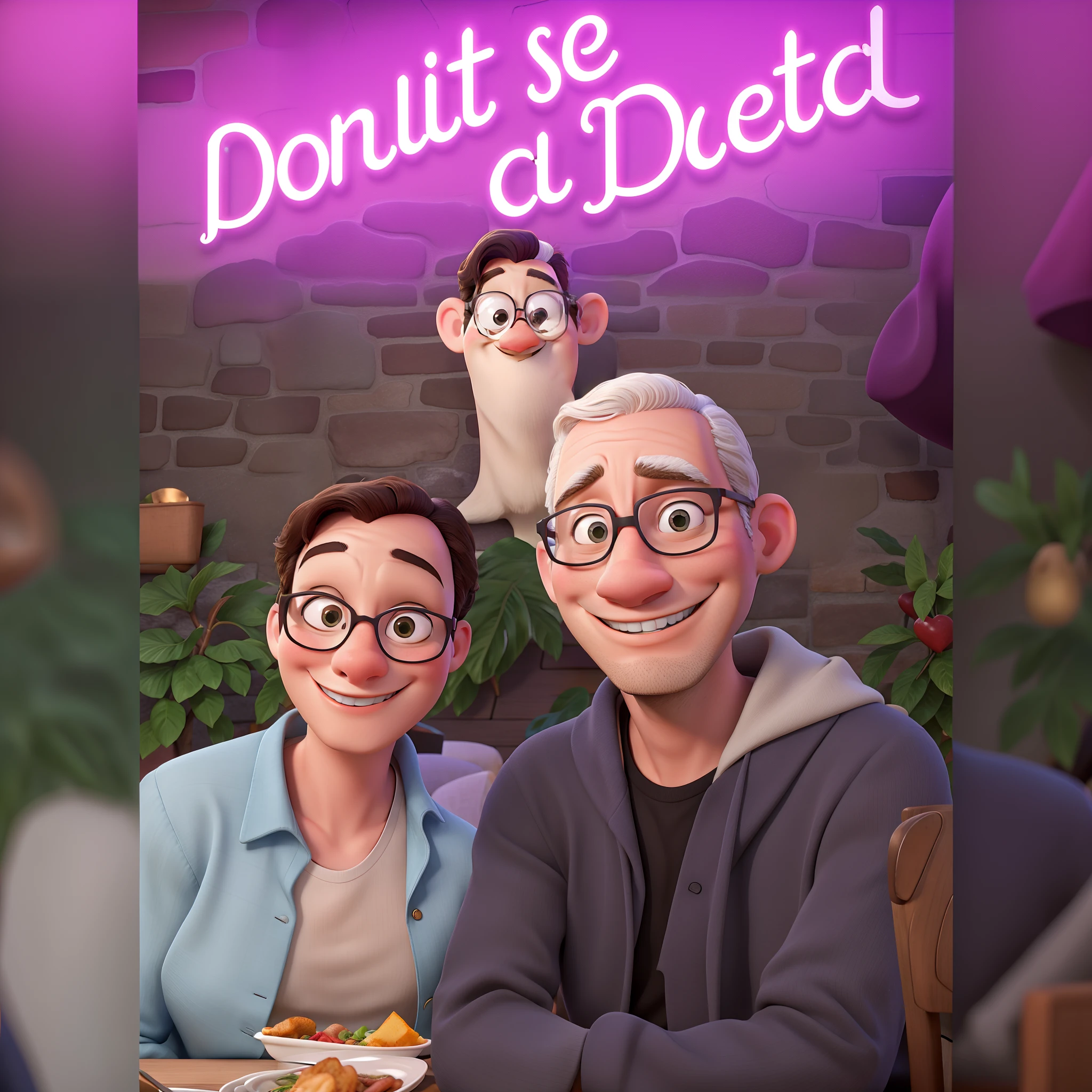 Disney Style Couple With Glasses Smiling In Restaurant.