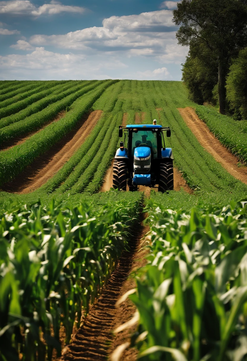 a corn plantation, With a blue tractor behind, on the hood of the tractor is the word ROHR, A light green forage harvester is attached to it, na frente do trator, There's a man in a gray polo shirt with a farmer's hat, In the background a blue sky