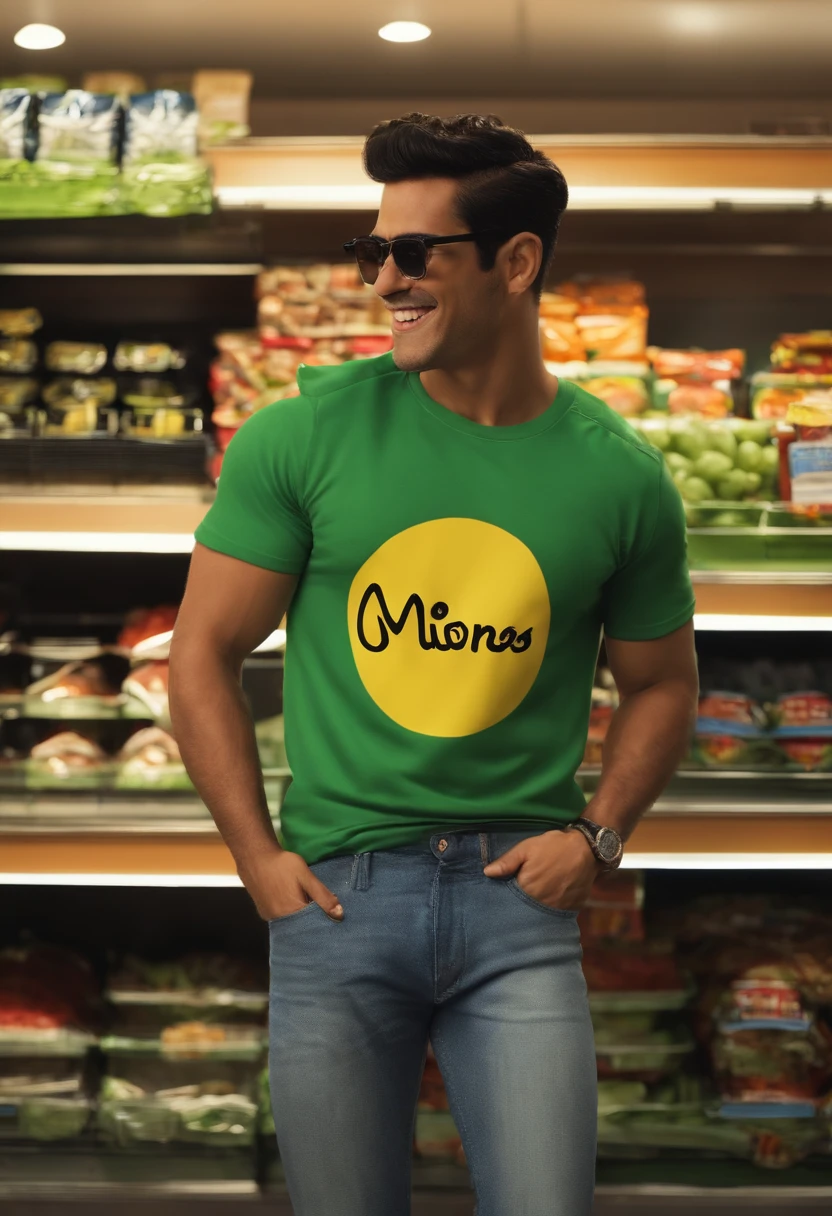 um homen moreno alto e forte,cabelo com topete e usando oculos ,dentro de um supermercado,with a microphone in hand,rindo no estilo locutor,green shirt flag written Emporio Brasil,Denim Jeans Pants, Imagem no estilo Pixar, Estilo de filme animado 3D, Disney, camiseta preta