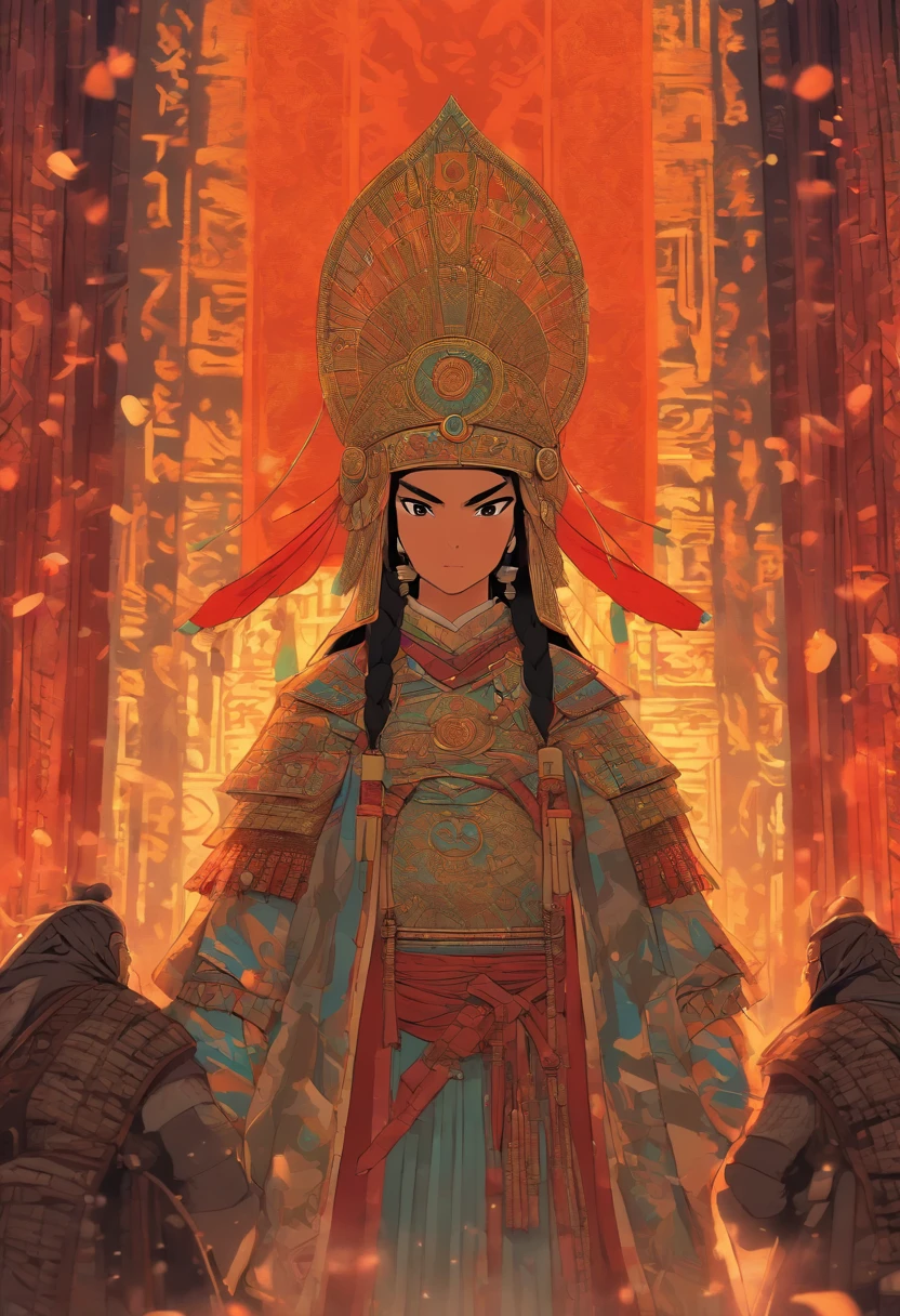 Crie uma imagem de uma rainha mongol vestindo sua armadura sentada em uma tenda, Surrounded by strategic maps and documents, as she negotiates military policy strategies with tribal leaders at an important meeting."