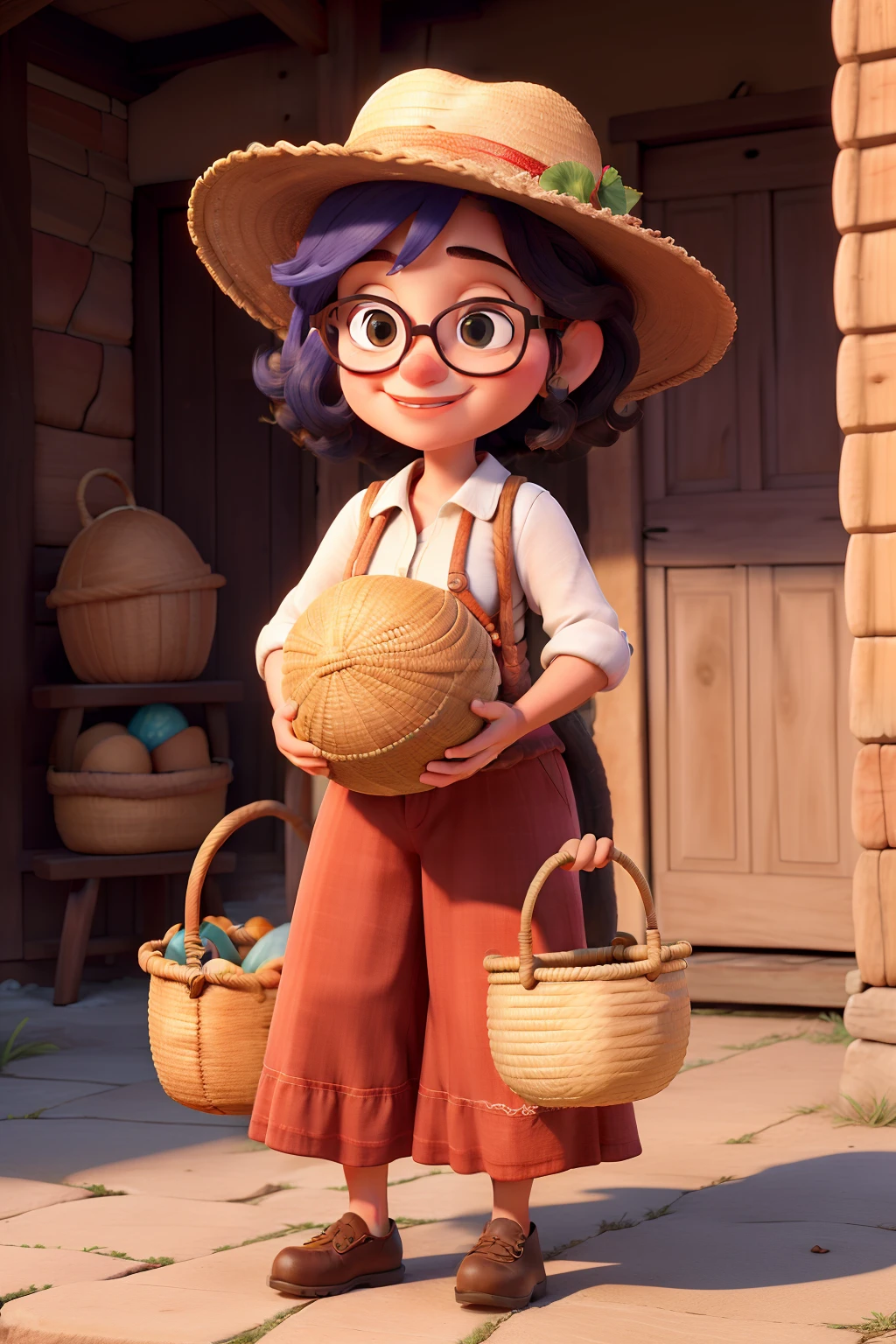 Uma senhora com roupas de camponesa, cabelos comprimidos cacheados, Wearing a hat and glasses, Storyteller and holding a basket and with her big dog.