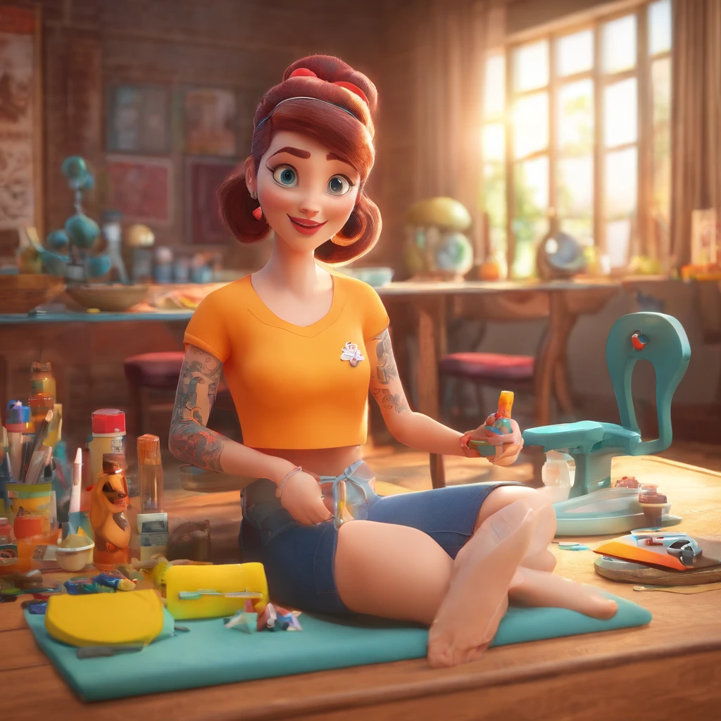 create a 3D movie poster inspired by Disney Pixar, The scene should be in Pixar's signature digital art style, com uma imagem caricatural que lembra a cantora brasileira "Anita" in the prone position, Wearing a bikini while a tattoo artist is sitting tattooing with a giant ring on one hand, inside a tattoo parlor.