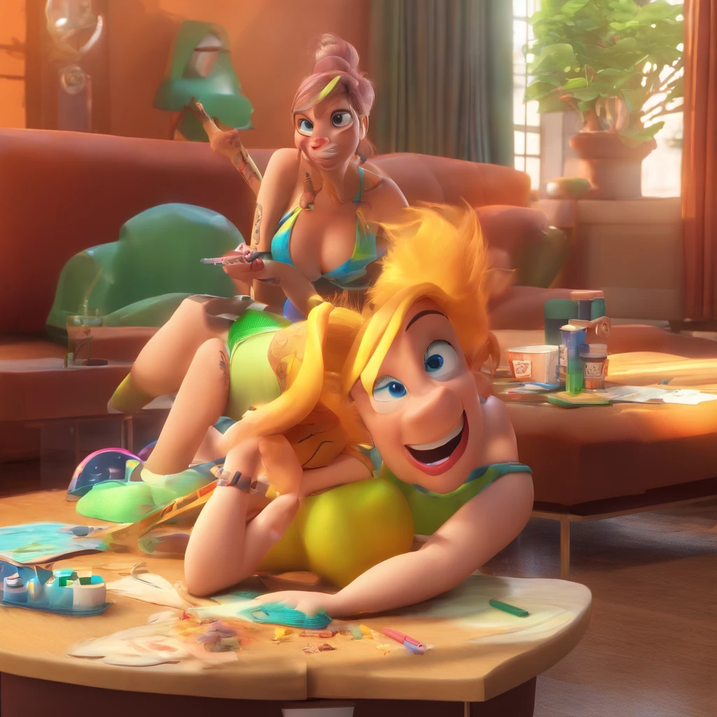 create a 3D movie poster inspired by Disney Pixar, The scene should be in Pixar's signature digital art style, com uma imagem caricatural, mulher ruiva de olhos verdes,white skin in the prone position, Wearing a bikini while a tattoo artist is sitting tattooing with a giant ring on one hand, inside a tattoo parlor.
