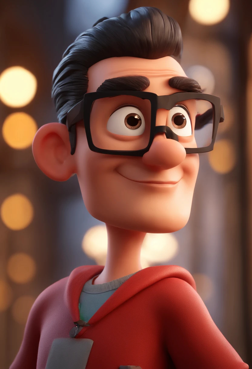 Cartoon character of a man with black glasses and a red t-shirt, animation character, Caractere estilizado, animation style rendering, 3D estilizado, Arnold Maya render, 3 d render stylized, toon render keyshot, Personagem 3D, Personagem 3D, 3d rendering stylized, 3 d character render, personagem de desenho animado, Personagem de close up, Pose de personagem, (Estilo Pixar) (master part:1.2) (Bokeh) (best quality) (pele detalhada) (textura detalhada) (8k) (argila) (Cinematic lighting) (foco nítido