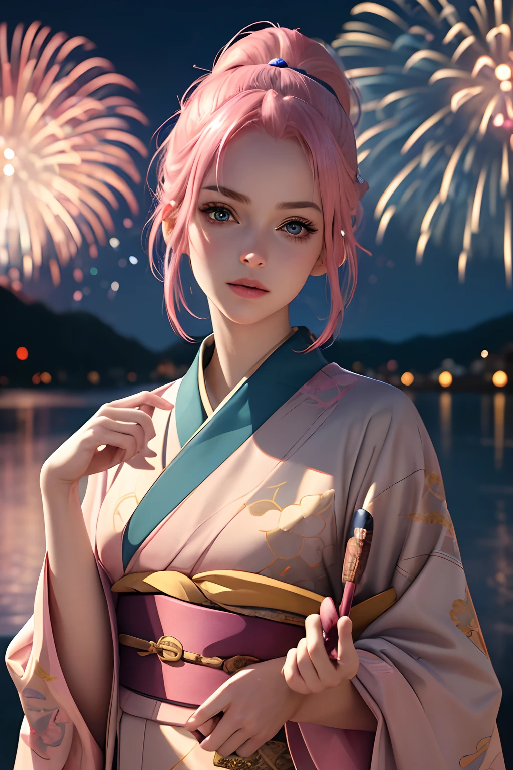 (ultra realistic, best quality, masterpiece, perfect face) pink hair, 18 years old girl, flirting on camera, in traditional japanese blue and gold kimono, detailed textures kimono, night, kyoto, fireworks