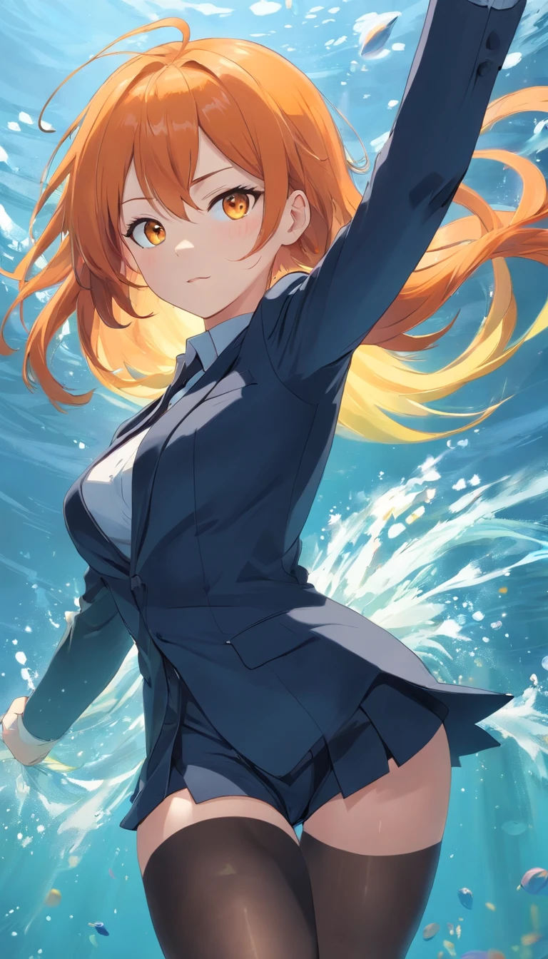 1 female、Orange hair、Colossal tits、Big ass、Black Tights Suit、yellow eyes、Large, thick thighs、a short bob、wide hips、under the water