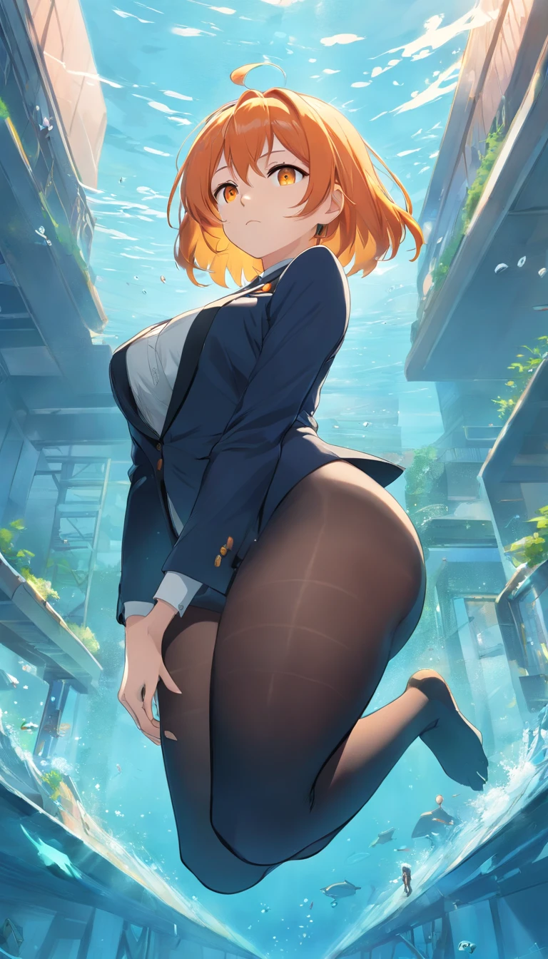 1 female、Orange hair、Colossal tits、Big ass、Black Tights Suit、yellow eyes、Large, thick thighs、a short bob、wide hips、under the water