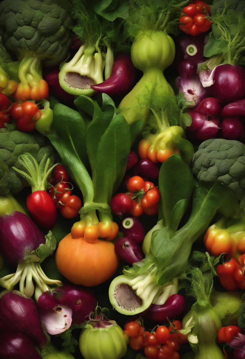 Make a background with various evil vegetables and fruits with faces of carnivorous plants